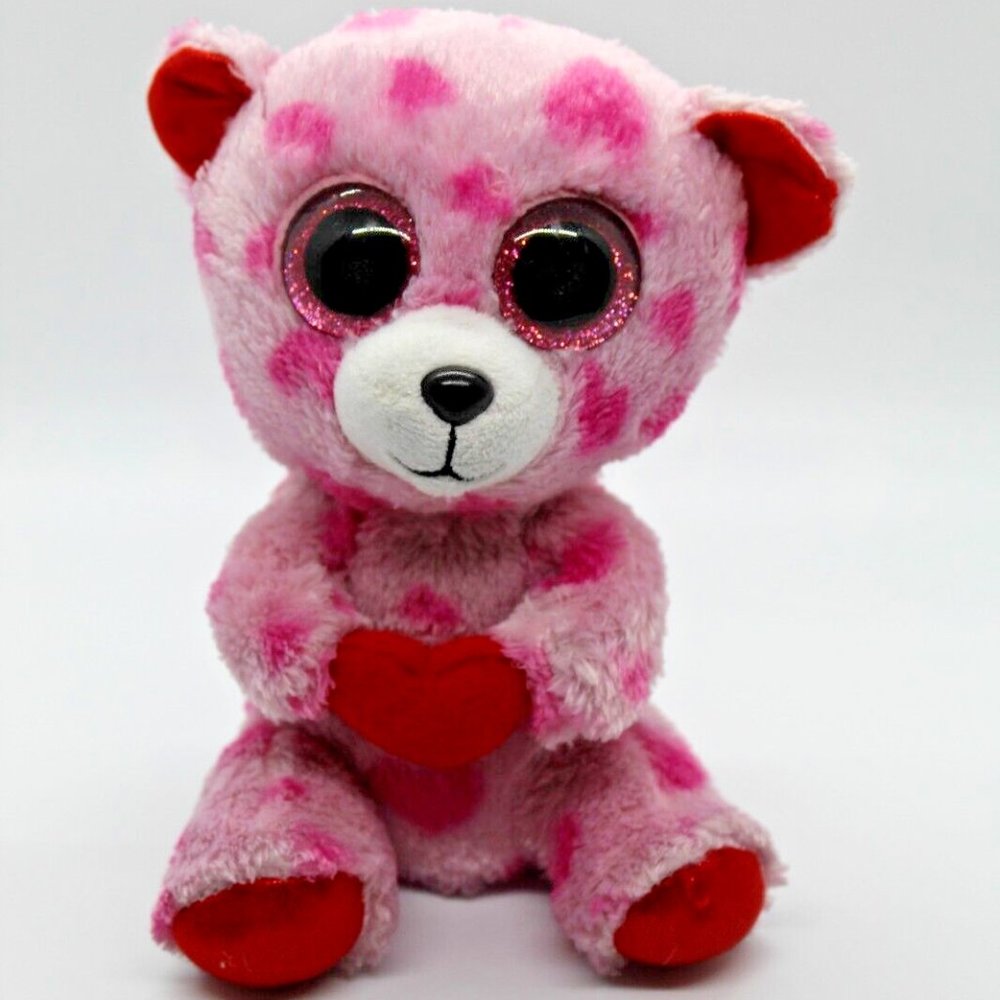 TY BEANIE BOO "Sweetkins" 6" Pink Bear With Pink Hearts Holding Red Heart EUC